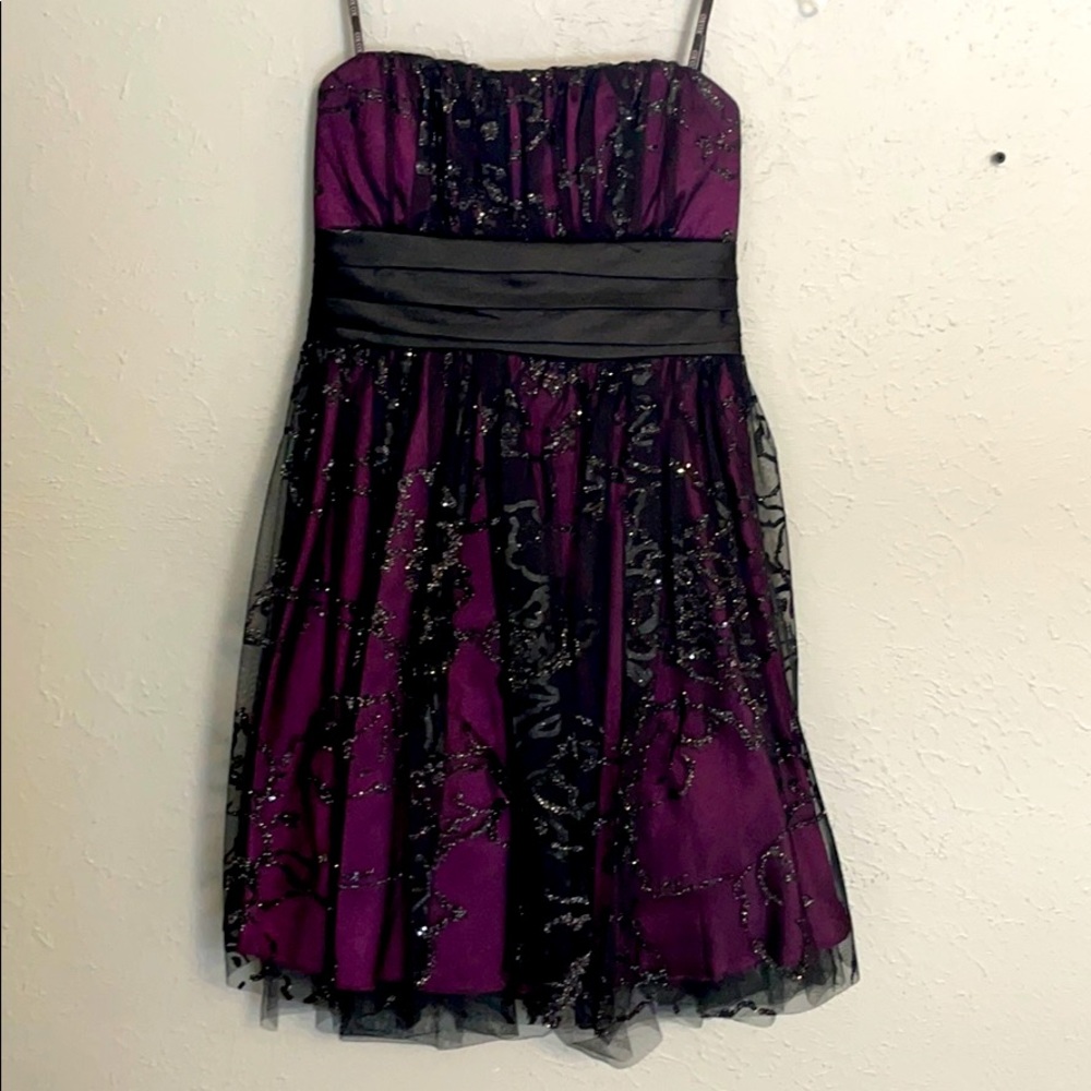 Short Formal Dress Purple with Black Overlay